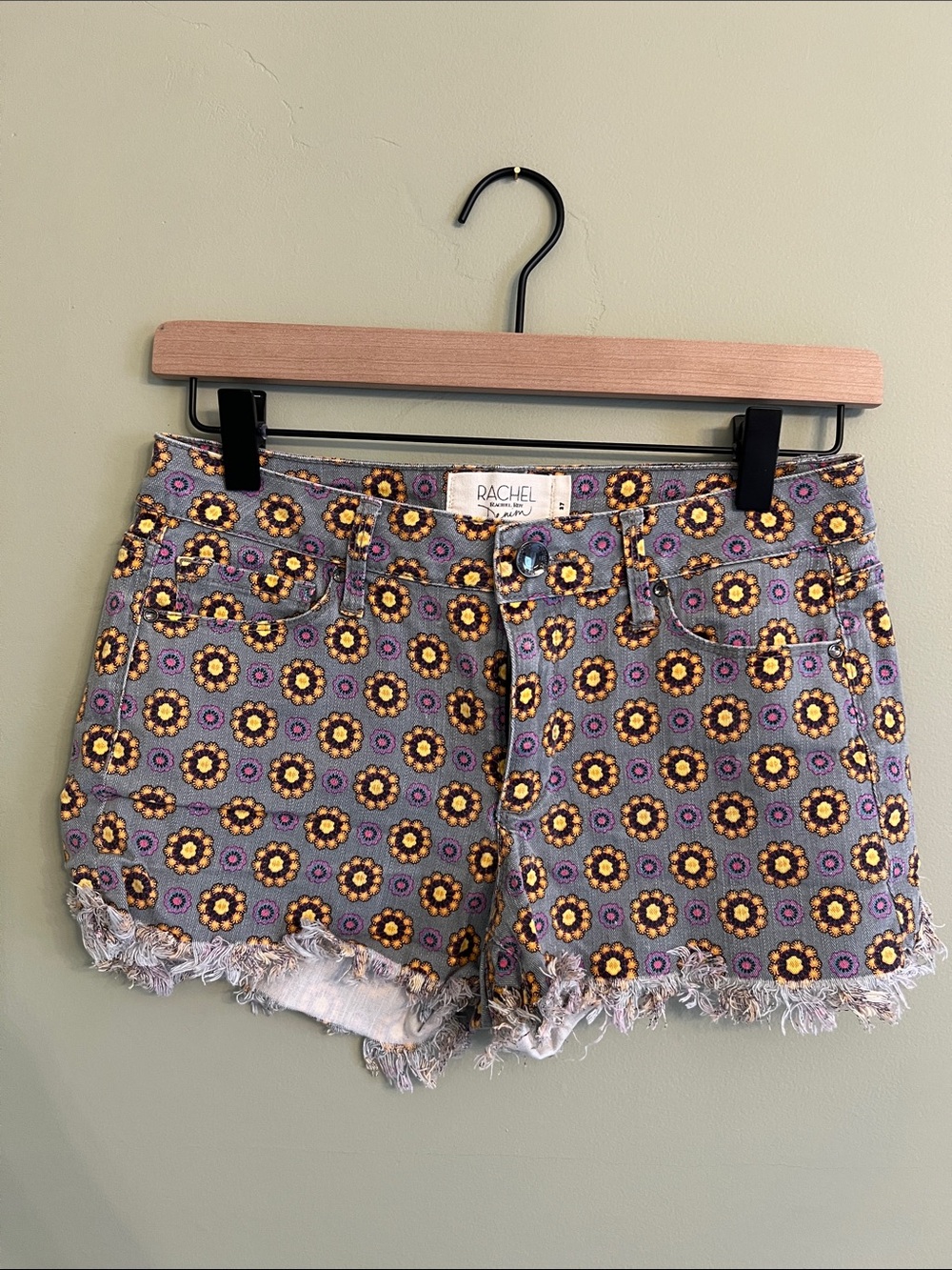 RACHEL Rachel Roy Denim Shorts with Yellow & Purple Floral Motif